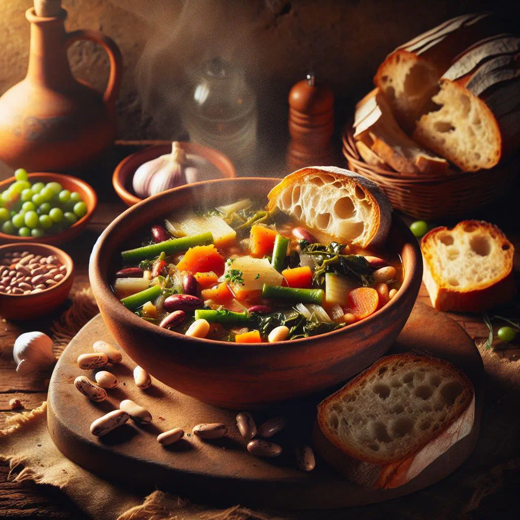 A rustic bowl of Tuscan ribollita with kale, white beans and bread, drizzled with olive oil