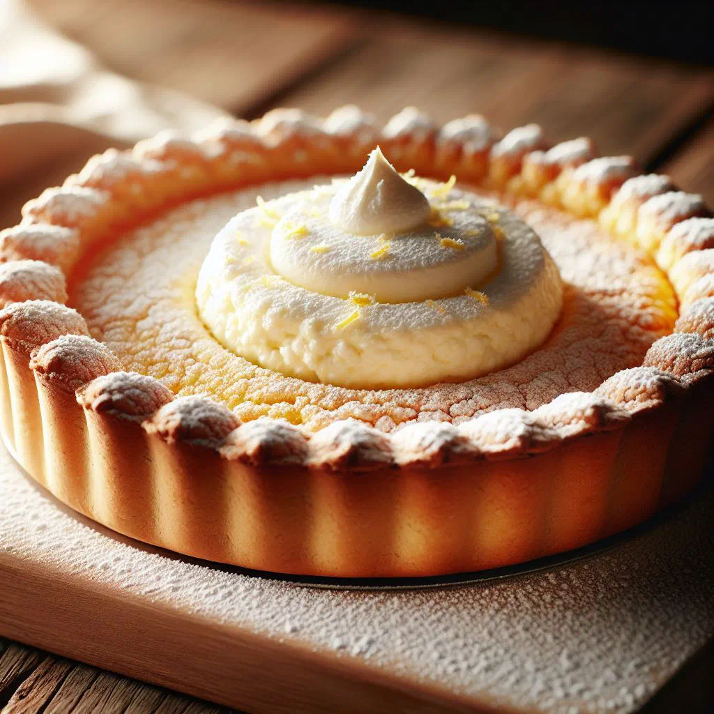 Golden ricotta tart dusted with icing sugar on a serving plate
