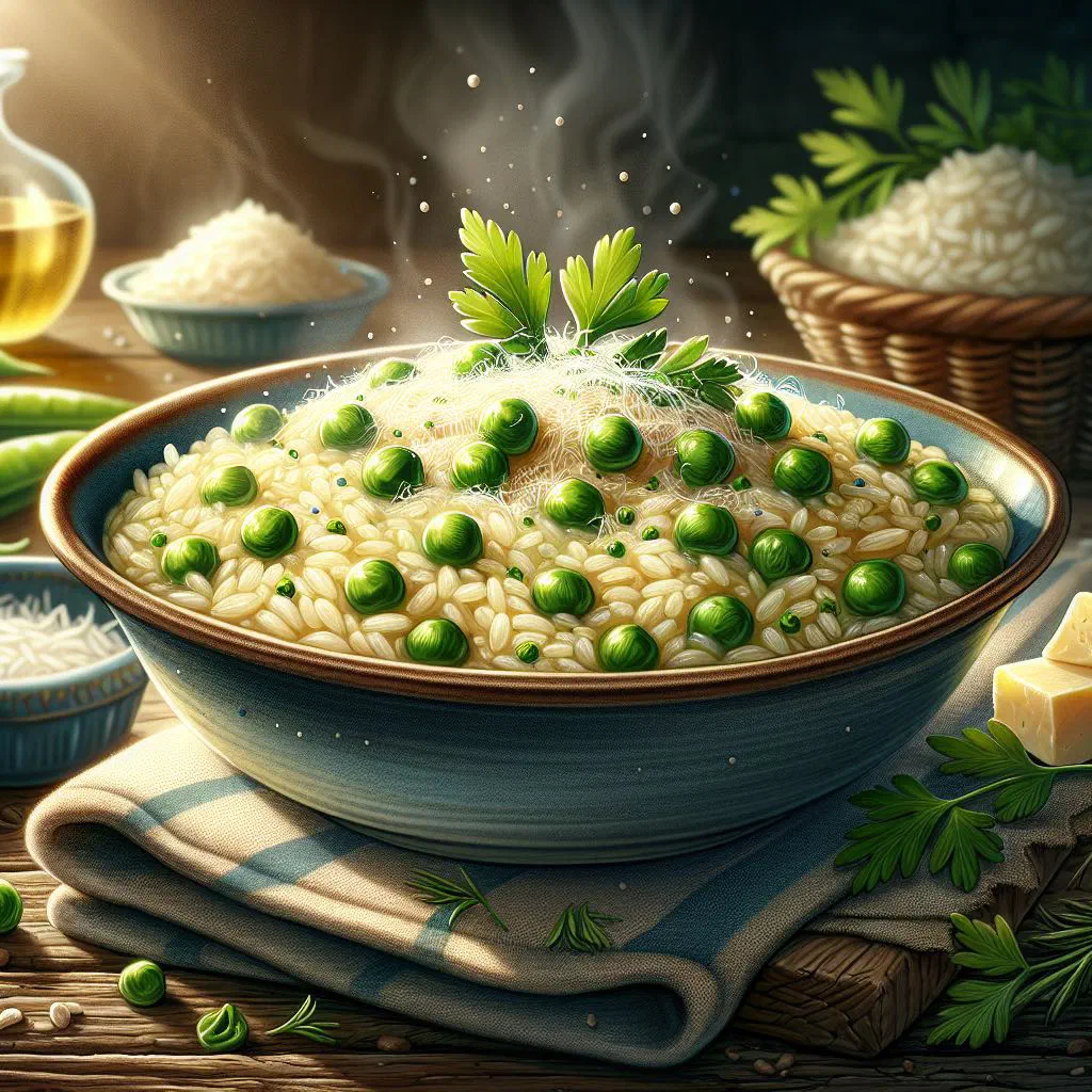 A bowl of creamy risi e bisi rice and peas topped with parmesan and parsley