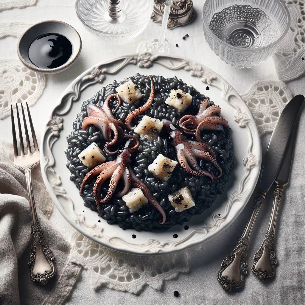 Jet-black squid ink risotto in a deep bowl garnished with fresh parsley