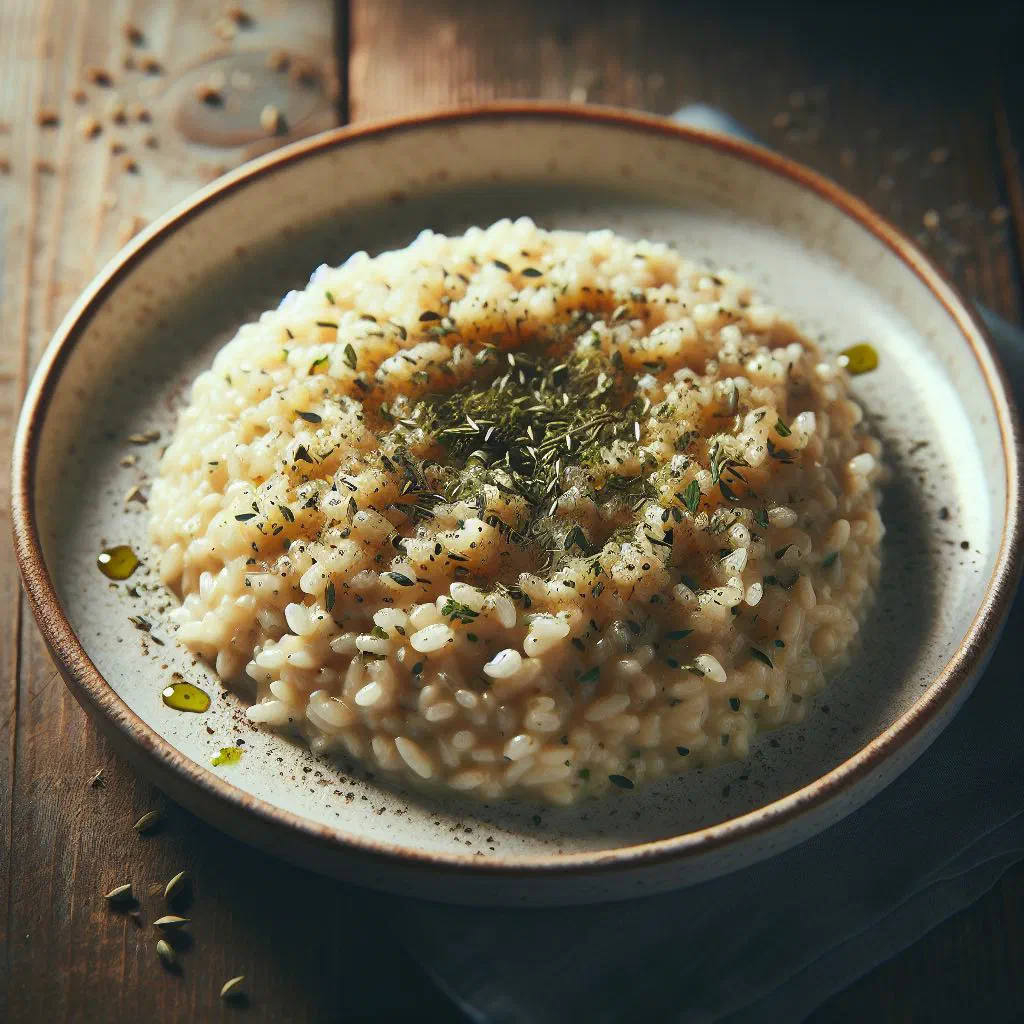 Creamy golden saffron risotto alla milanese on a flat plate