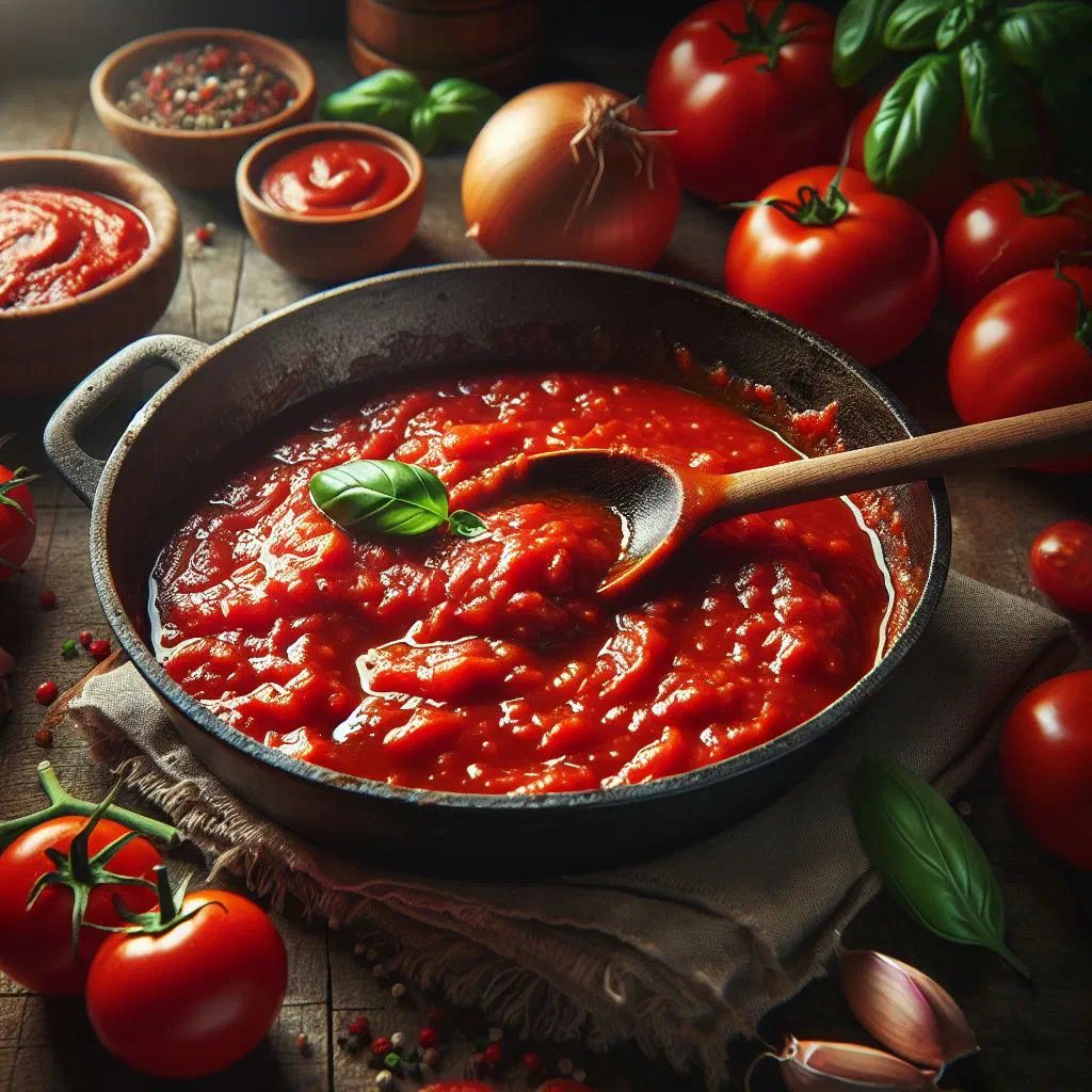 Rich red salsa di pomodoro in a bowl garnished with fresh basil