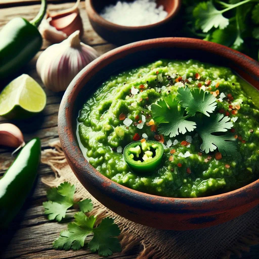Bowl of vibrant green salsa verde with fresh herbs and olive oil