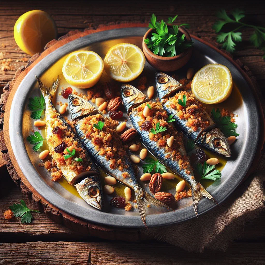 Stuffed Sicilian sardines rolled and baked with breadcrumbs, garnished with lemon