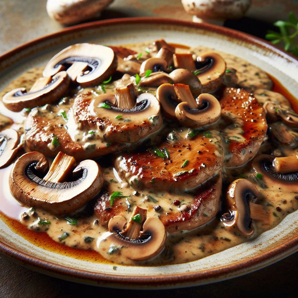 Veal scaloppine in a creamy mushroom sauce garnished with parsley