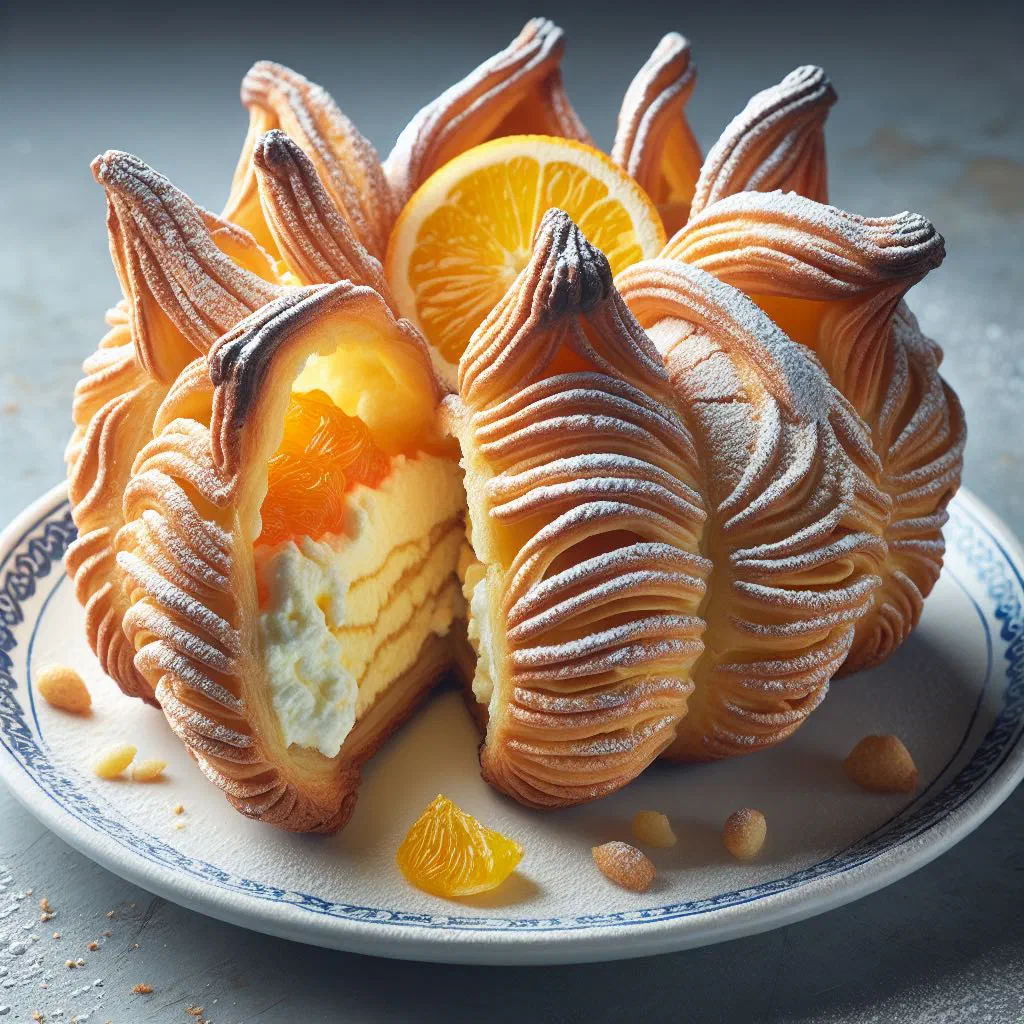 Golden shell-shaped sfogliatelle ricce dusted with icing sugar