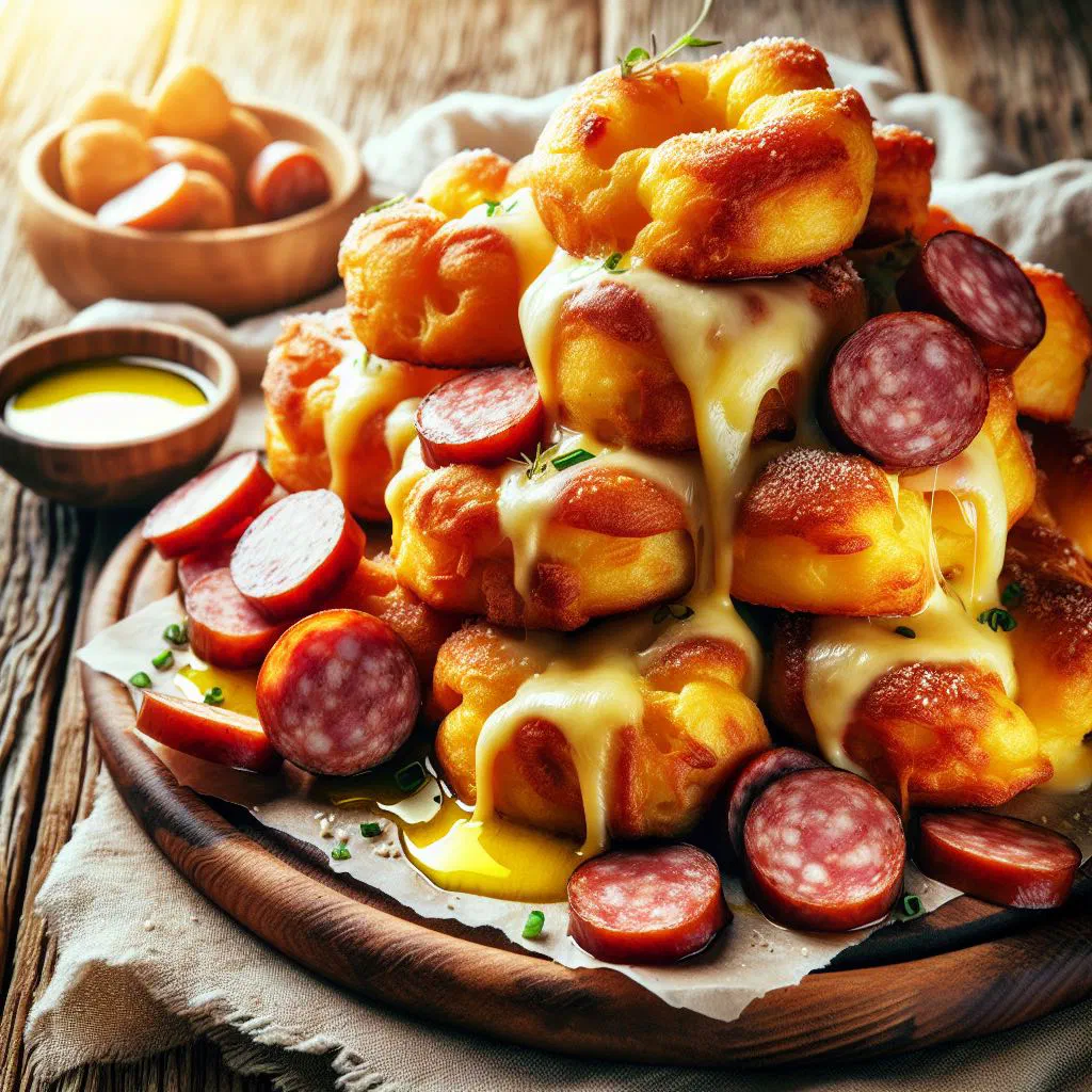 Golden fried sgabei dough pockets filled with cheese and cured sausage