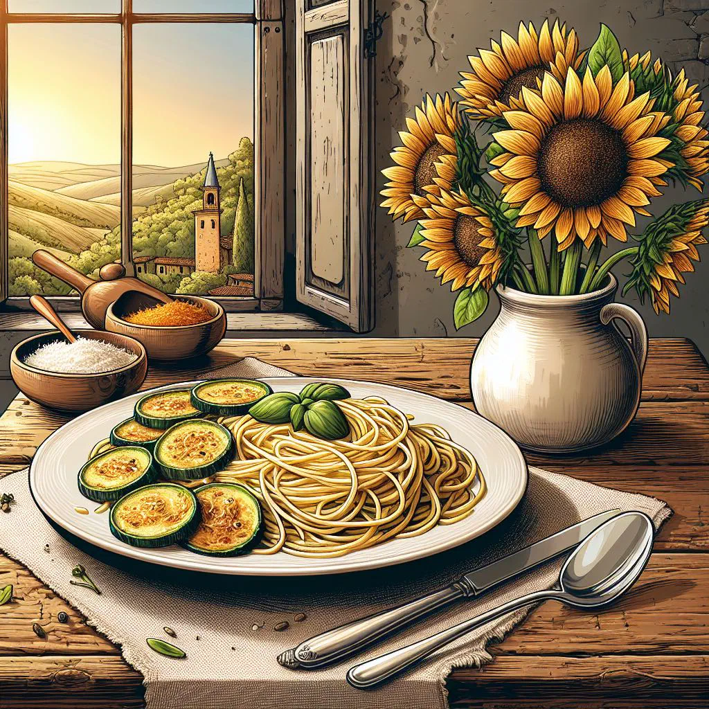 Spaghetti alla Nerano with fried courgettes, basil and grated cheese