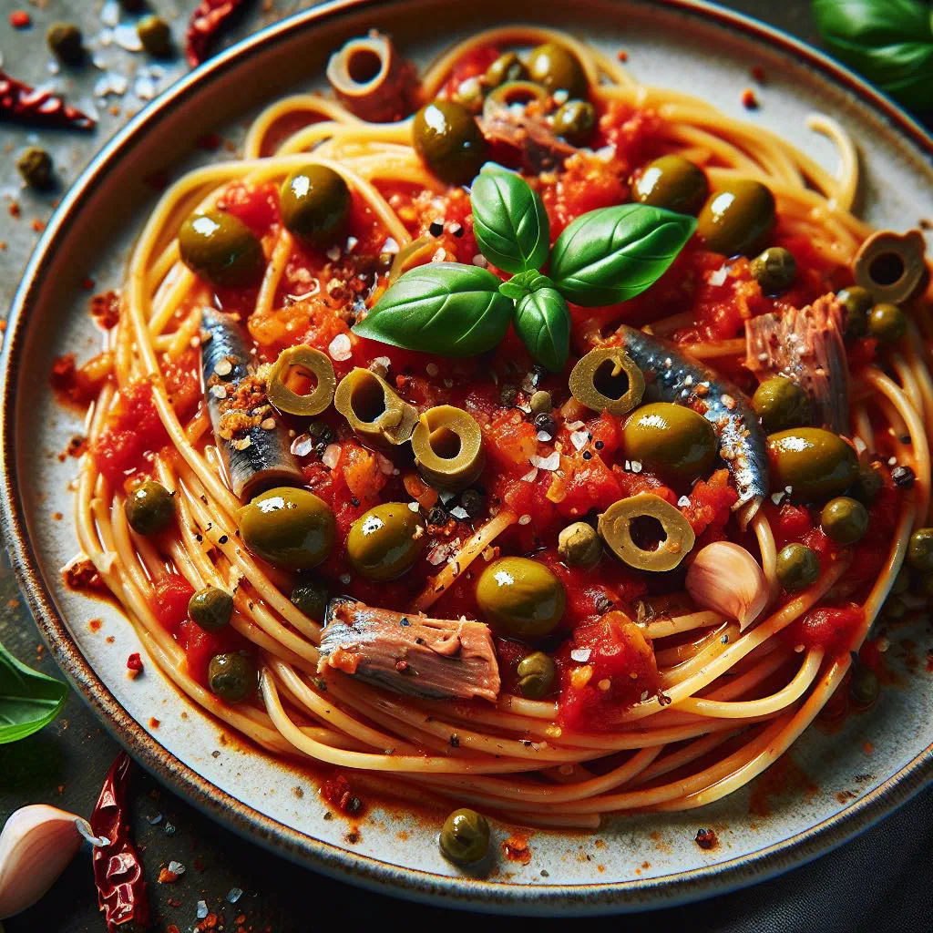 Spaghetti alla puttanesca with tomato sauce, olives and capers in a pan