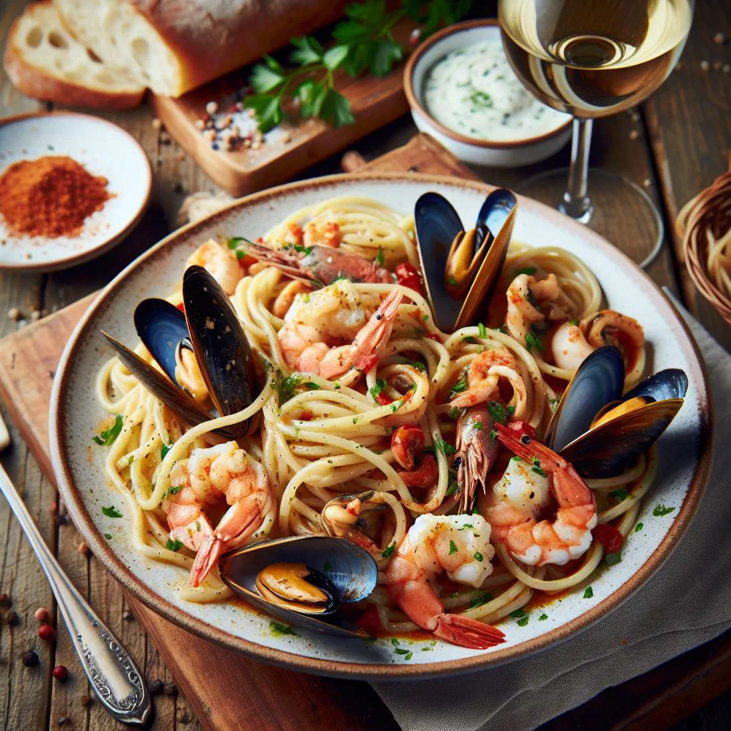 Spaghetti allo scoglio with mussels, prawns and squid in tomato sauce