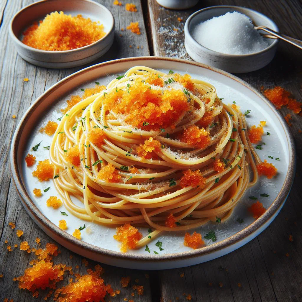 Spaghetti tossed with grated bottarga, garlic and parsley on a plate