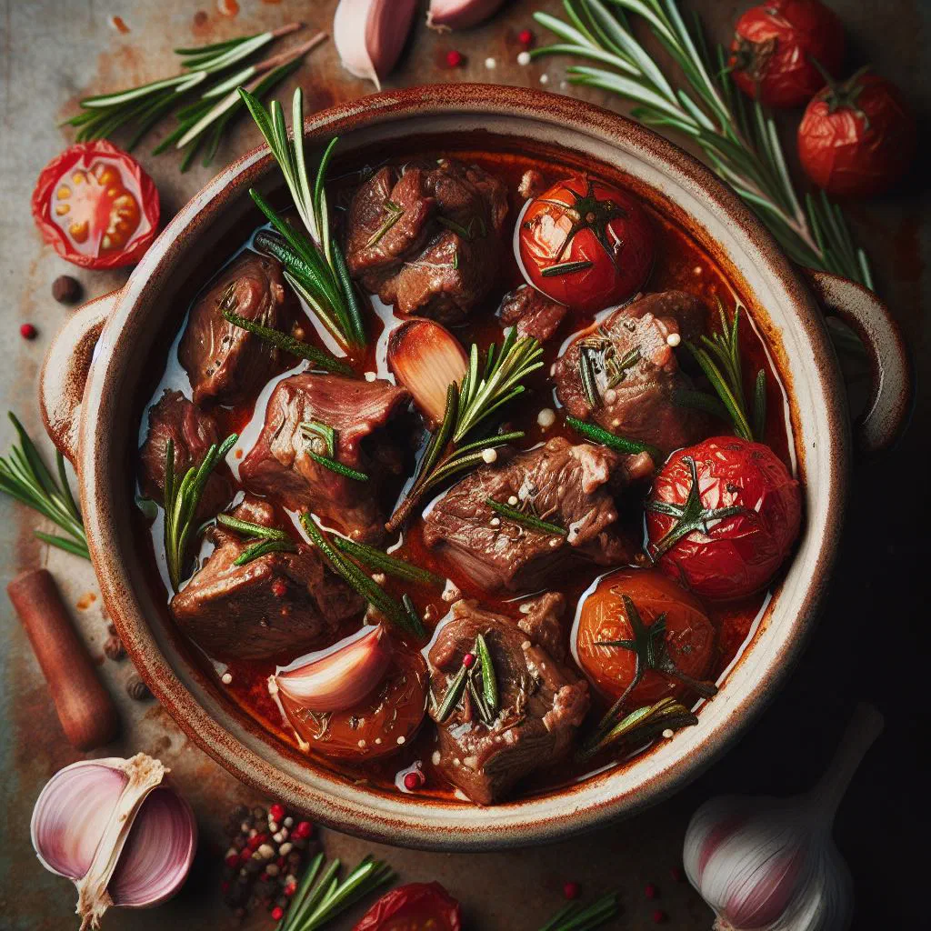 Rustic Italian lamb stew with potatoes and carrots in a tomato sauce