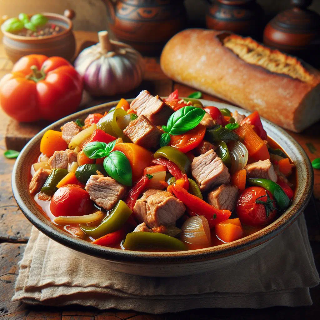 Italian pork stew in rich tomato sauce served in a rustic bowl