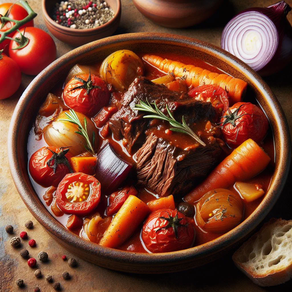 Slow-braised stracotto di manzo with red wine sauce and vegetables