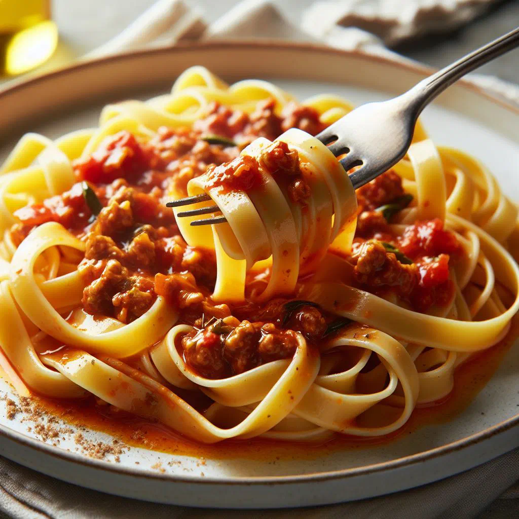 Tagliatelle ribbons coated in rich beef ragù, topped with grated Parmesan