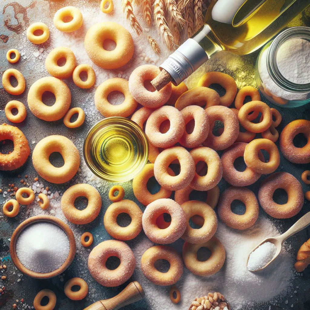 Golden ring-shaped taralli napoletani arranged on a wooden board
