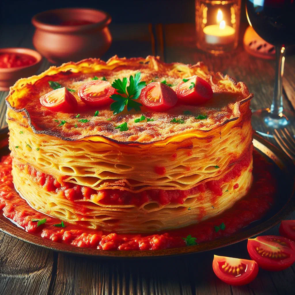 Golden baked timballo di pasta sliced to reveal layers of pasta and filling