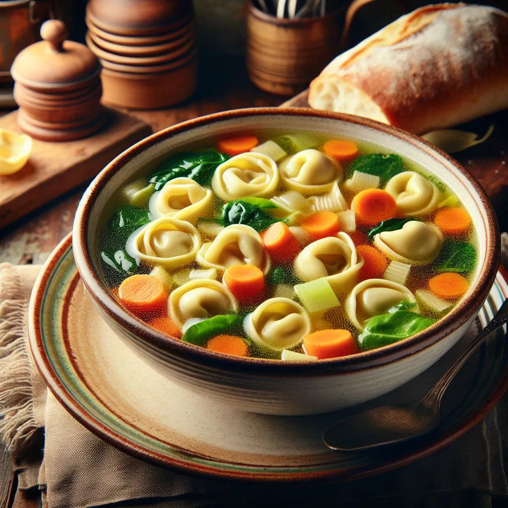 Bowl of tortellini in brodo garnished with parsley and grated Parmesan