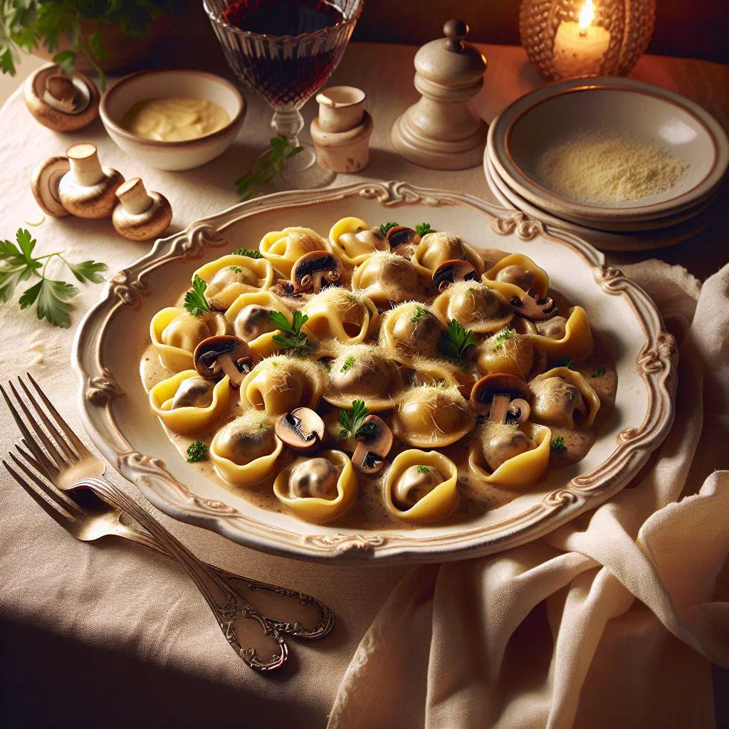 Tortelloni ai funghi in a creamy sauce topped with grated parmesan and fresh herbs