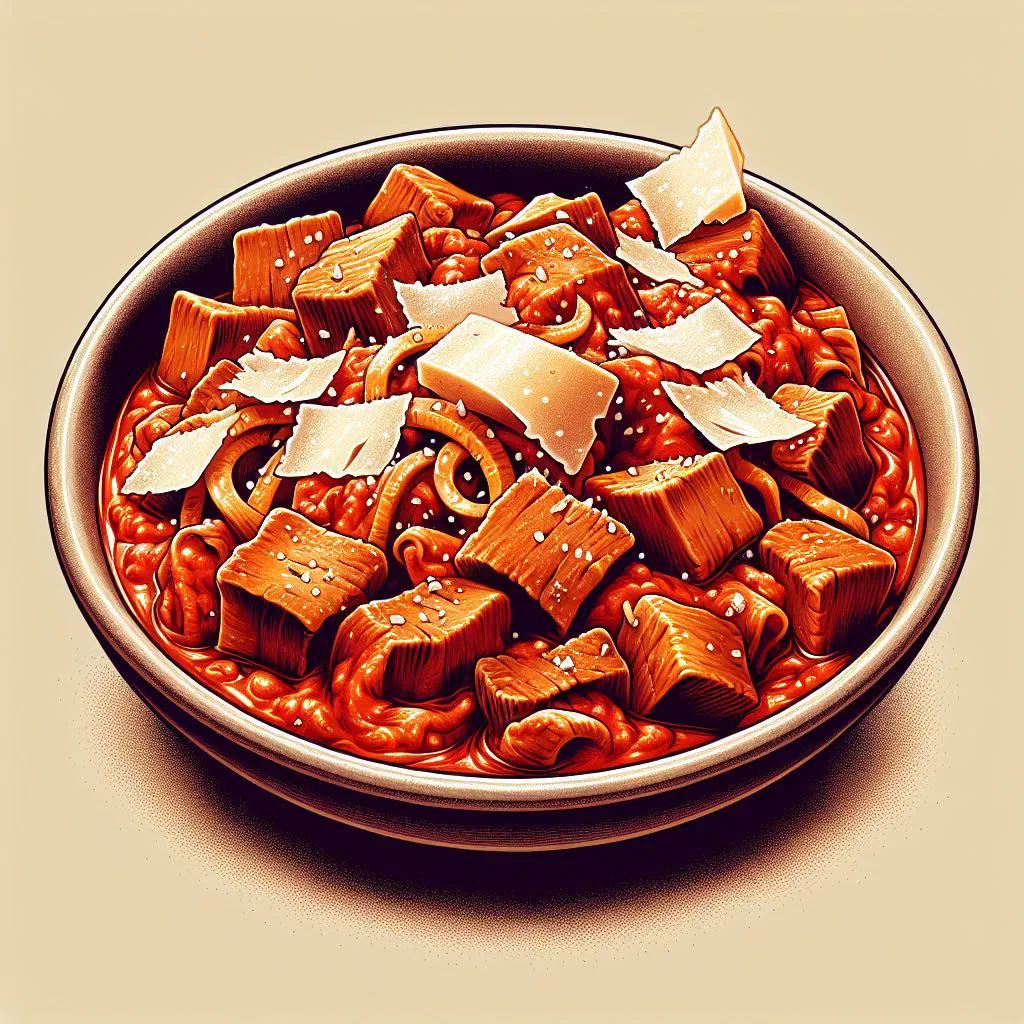 Trippa alla Fiorentina simmered in tomato sauce and topped with grated Parmesan
