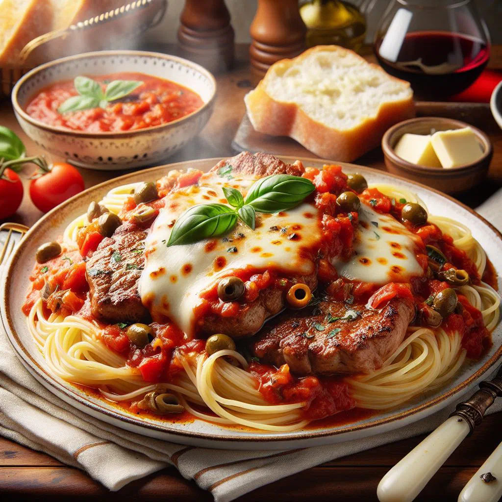 Veal in a rich tomato sauce garnished with fresh basil