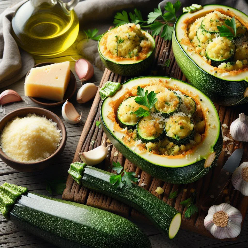 Baked stuffed zucchini halves filled with cheese, peppers and herbs