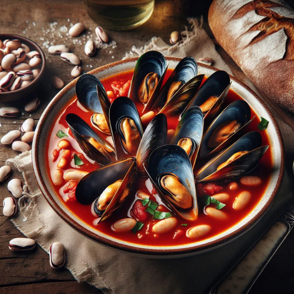 Bowl of mussel and white bean soup garnished with fresh parsley