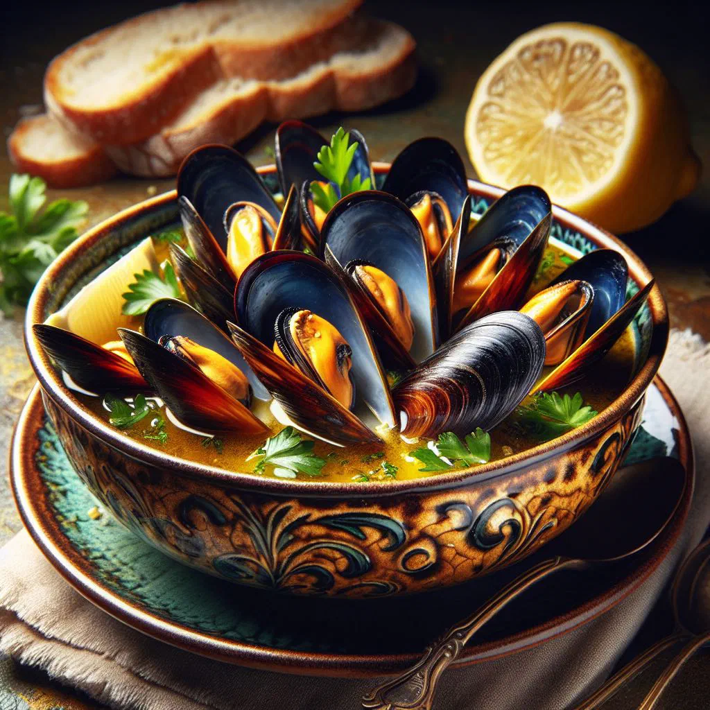 A bowl of mussel soup in a rich tomato broth, garnished with parsley
