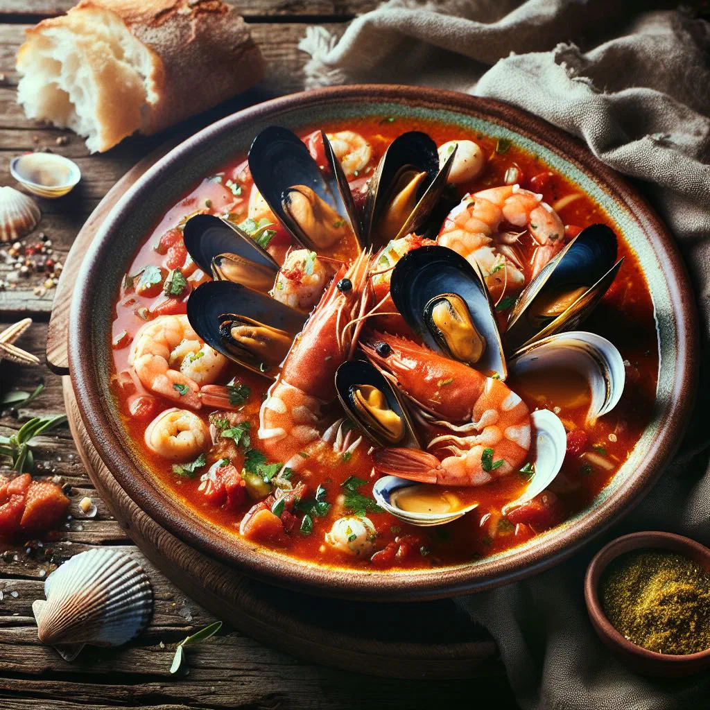 Bowl of Zuppa di Pesce alla Livornese with mussels, prawns and fish in tomato broth
