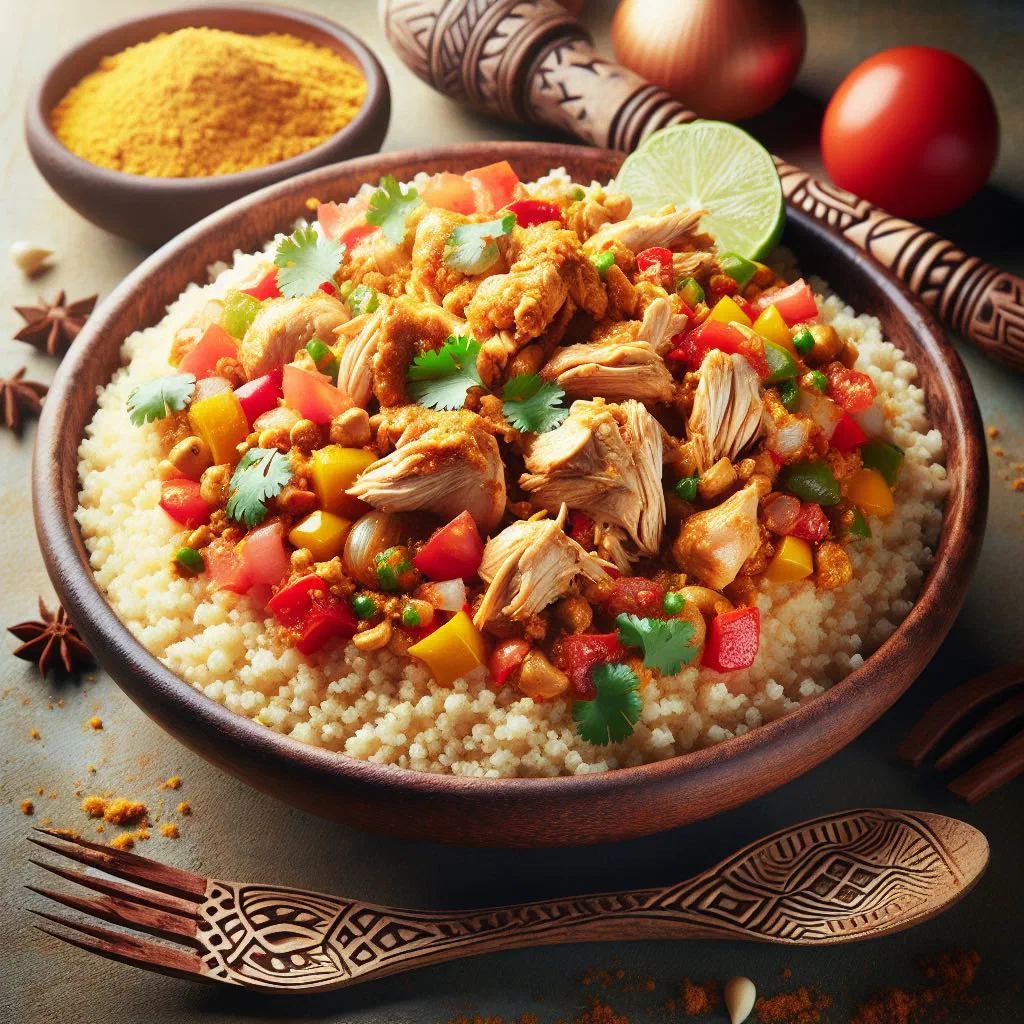 Attiéké with spiced chicken, tomato and fresh vegetables on a plate