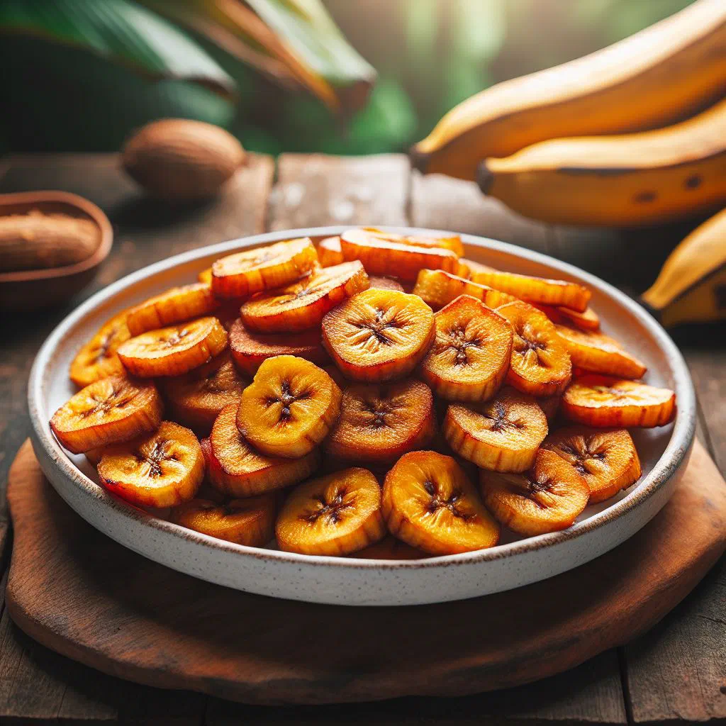 Golden fried plantain slices piled on a plate with a dipping sauce