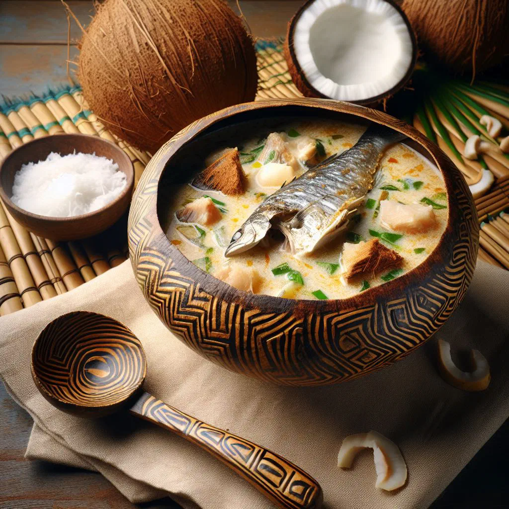 Creamy coconut fish soup with peppers, lime and fresh coriander