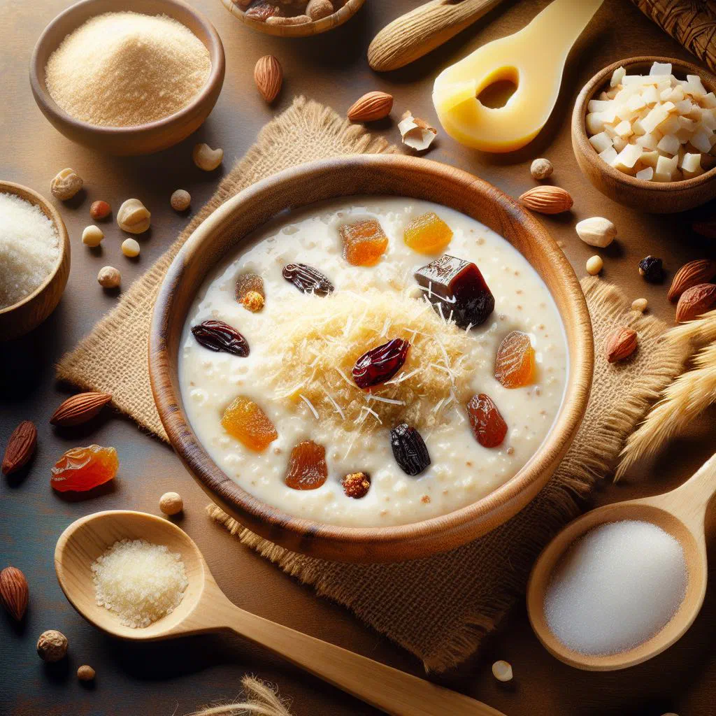 Bowl of dégué with fermented rice, roasted peanuts and fresh fruit