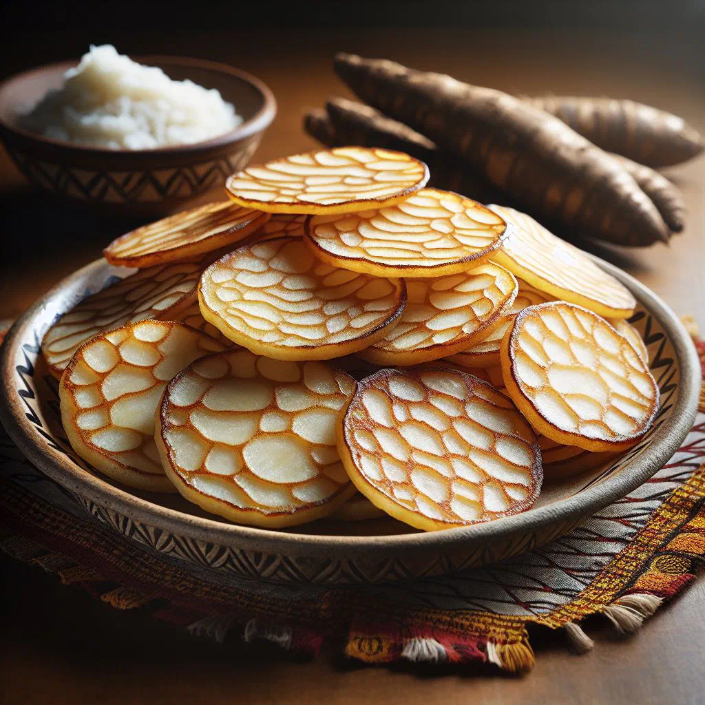 Golden cassava pancakes stacked on a wooden board with fresh herbs