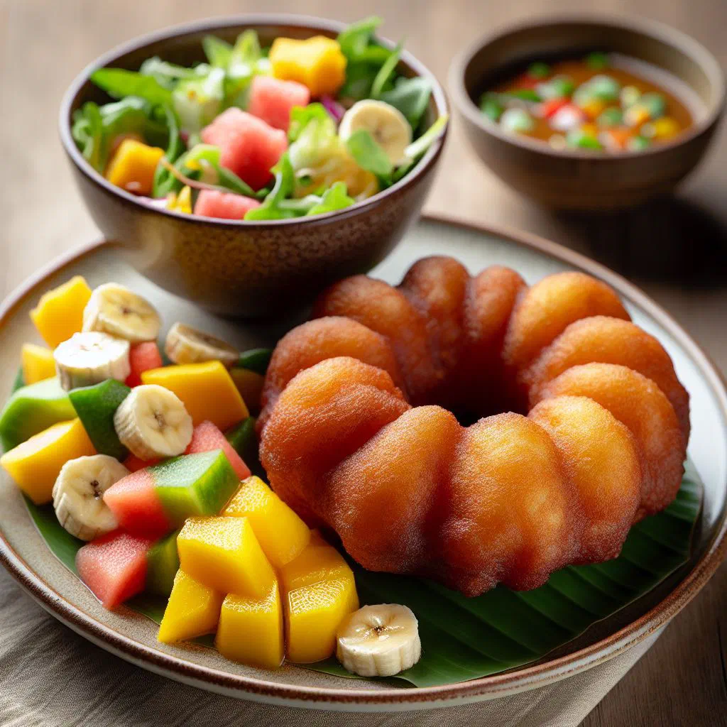 Golden gbofloto banana fritters piled on a plate