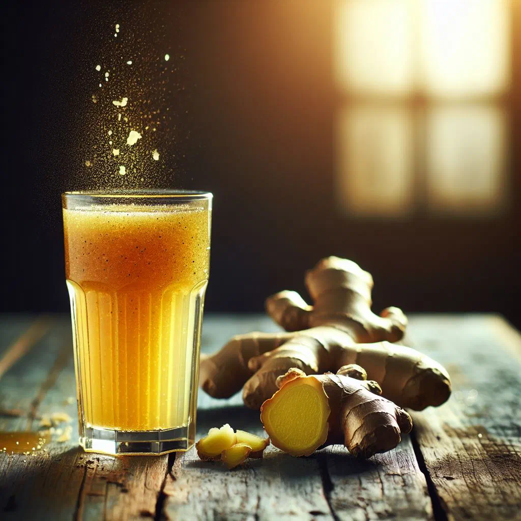 Chilled Ivorian ginger juice in a clear glass with lemon and ice