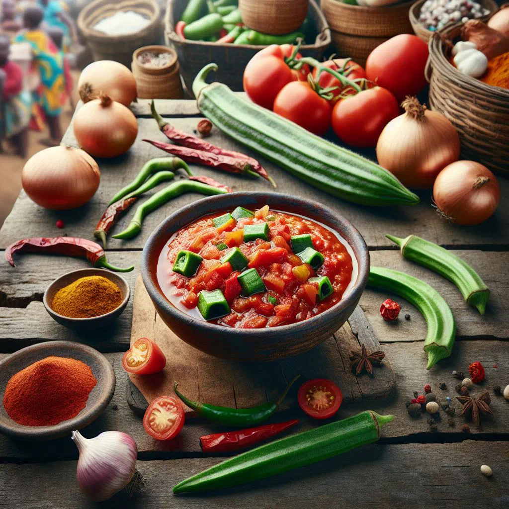 Bowl of okra and tomato sauce garnished with fresh herbs