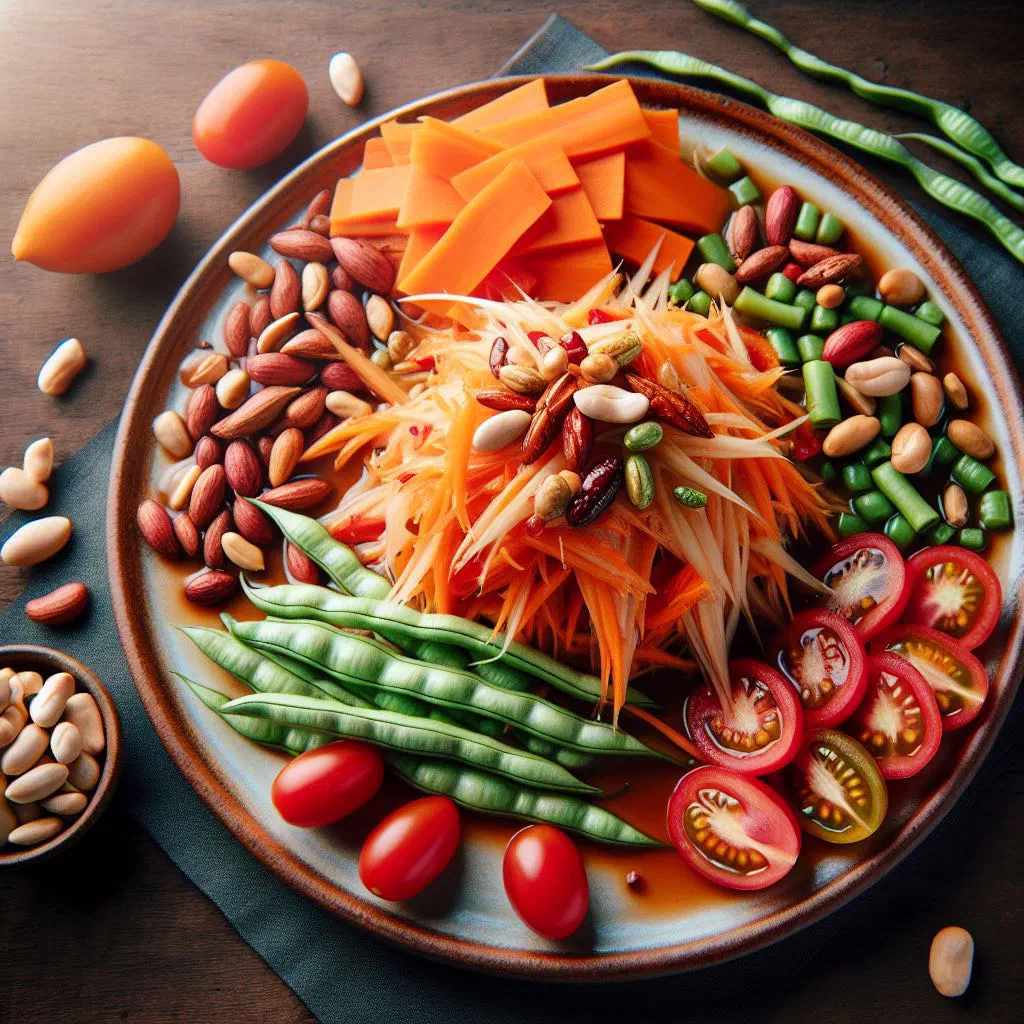 Shredded green papaya salad with carrot, onion rings and roasted peanuts