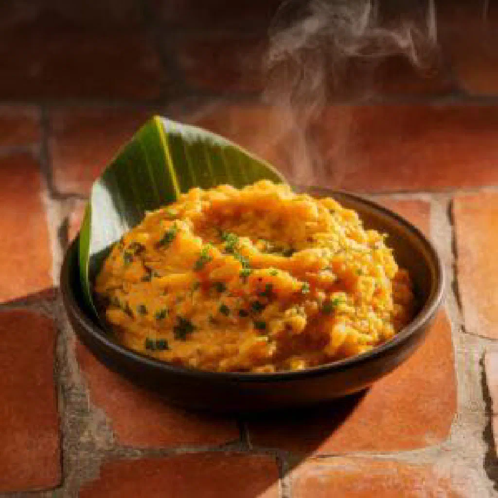 Bowl of pounded yam served with a rich peanut and tomato sauce