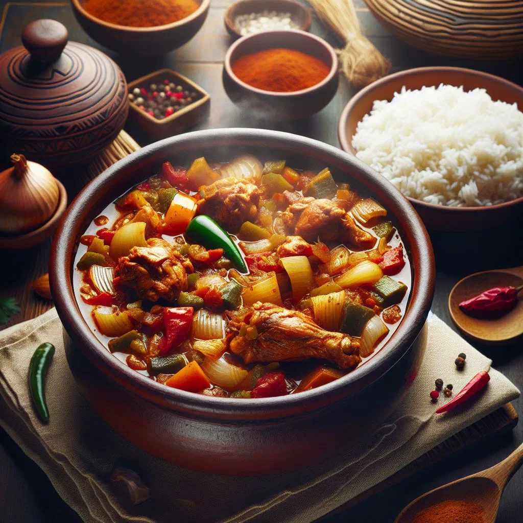 Kédjénou chicken stew with peppers and tomatoes in a clay pot