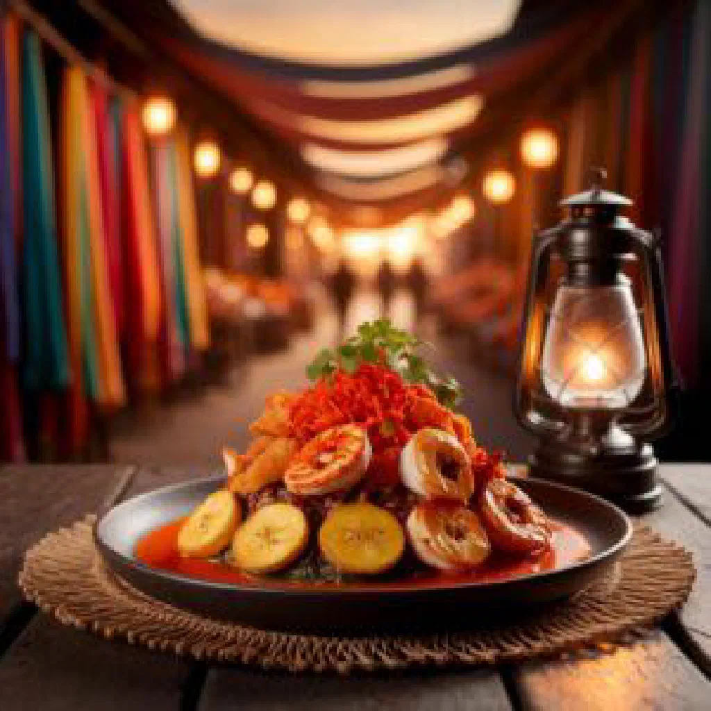 Klaclo made from fermented cassava, served with fried plantains and fish