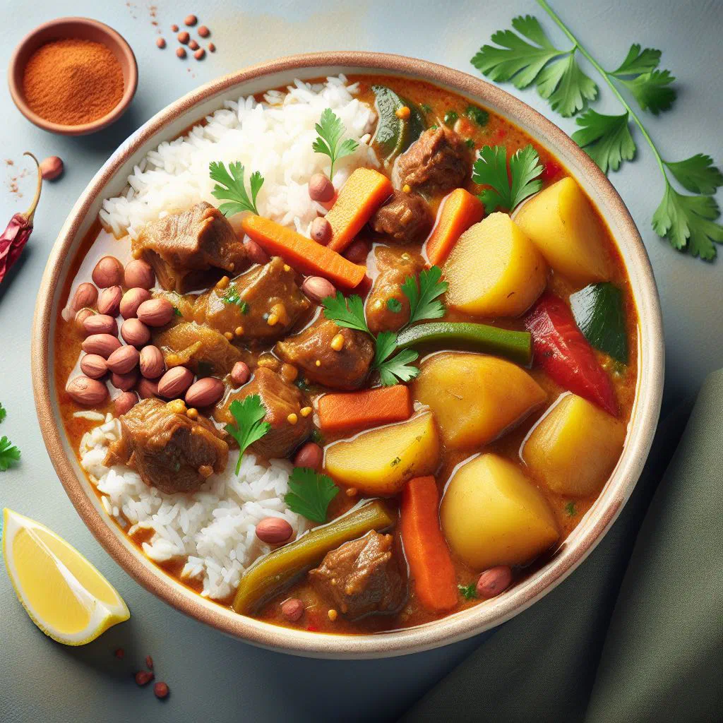 Bowl of mafé peanut stew with tender meat, carrots and rice