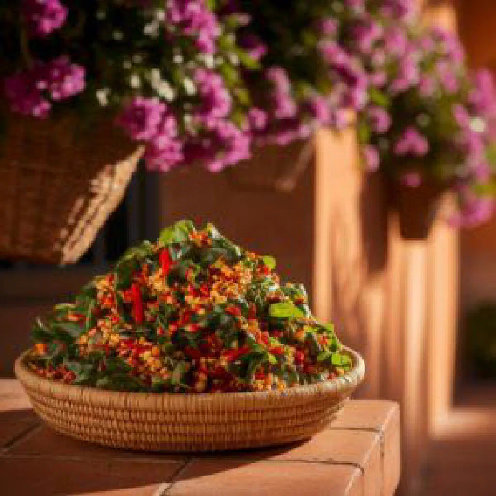 Braised mixed leaves in palm oil served in a bowl