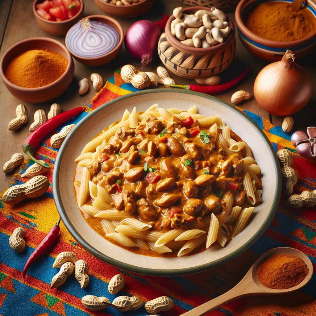 Noodles coated in creamy peanut sauce, garnished with fresh coriander and chopped peanuts