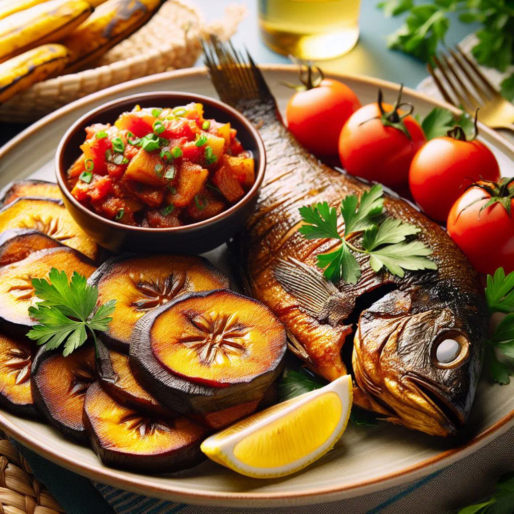Grilled whole fish served with golden fried plantains and lemon wedges