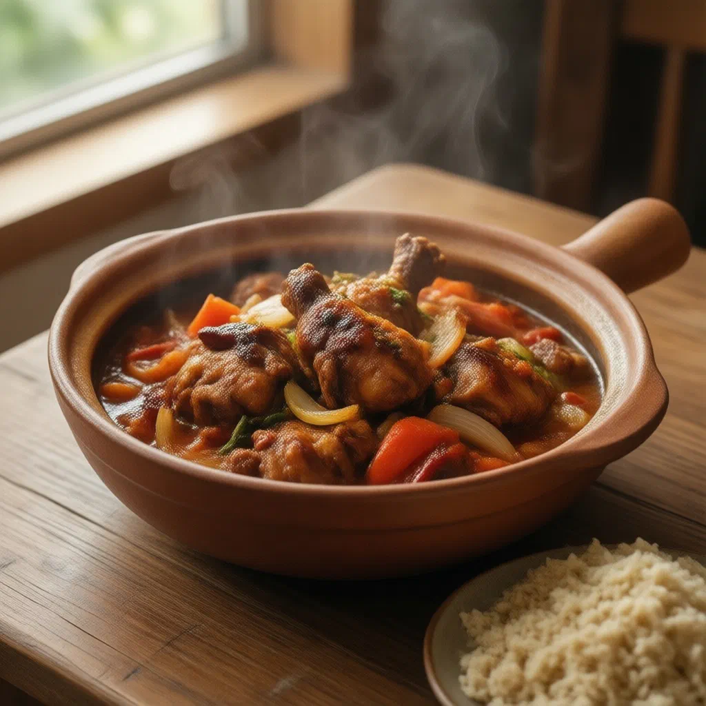 Slow-cooked Ivorian chicken stew with peppers and tomatoes in an earthenware pot
