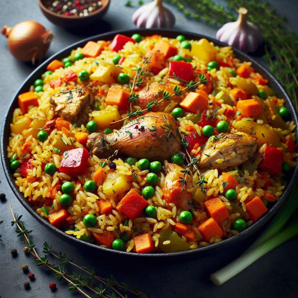 Bowl of Ivorian riz gras with tender meat, peppers and carrots