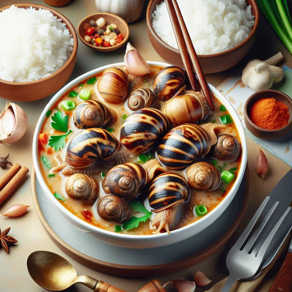 Snails in a light herb sauce served in a deep bowl with baguette