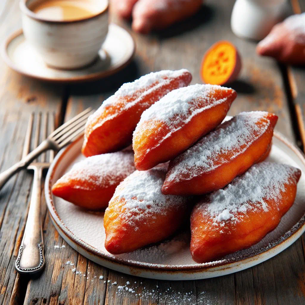 Golden sweet potato fritters piled on a plate
