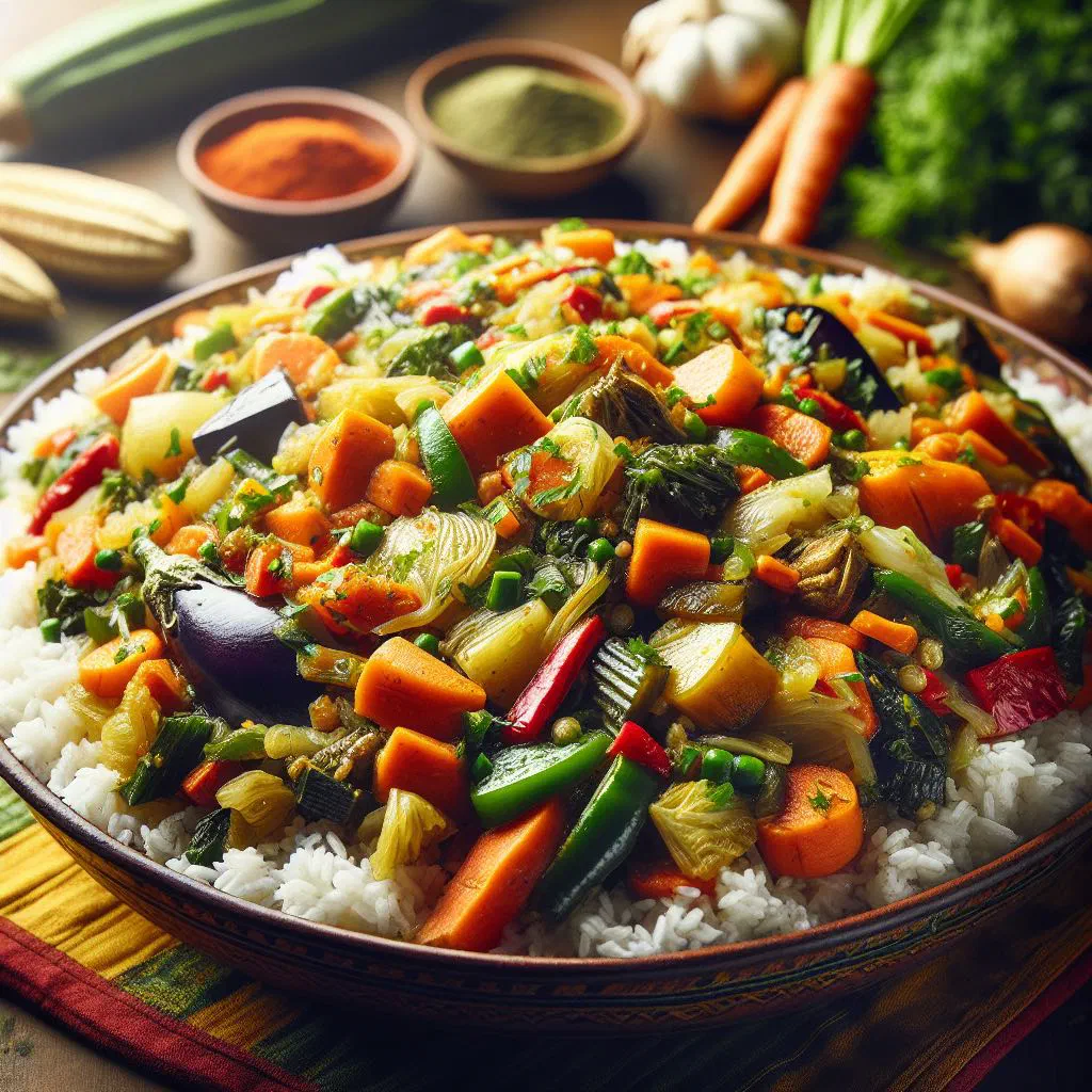Bowl of tchep aux légumes with rice, colourful vegetables and fish